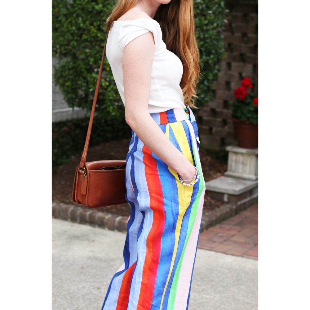 MARA HOFFMAN Rainbow Stripe Wide Leg Pants Women 4 Linen Tie Waist High Rise - Picture 3 of 15